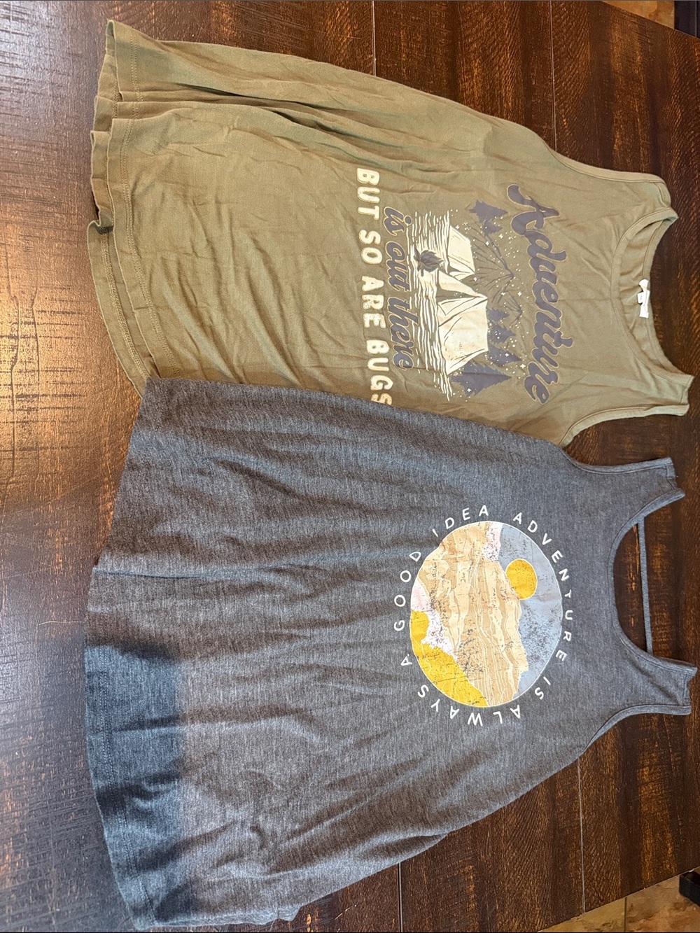 Maurices Olive and Gray Adventure Graphic Tank Tops